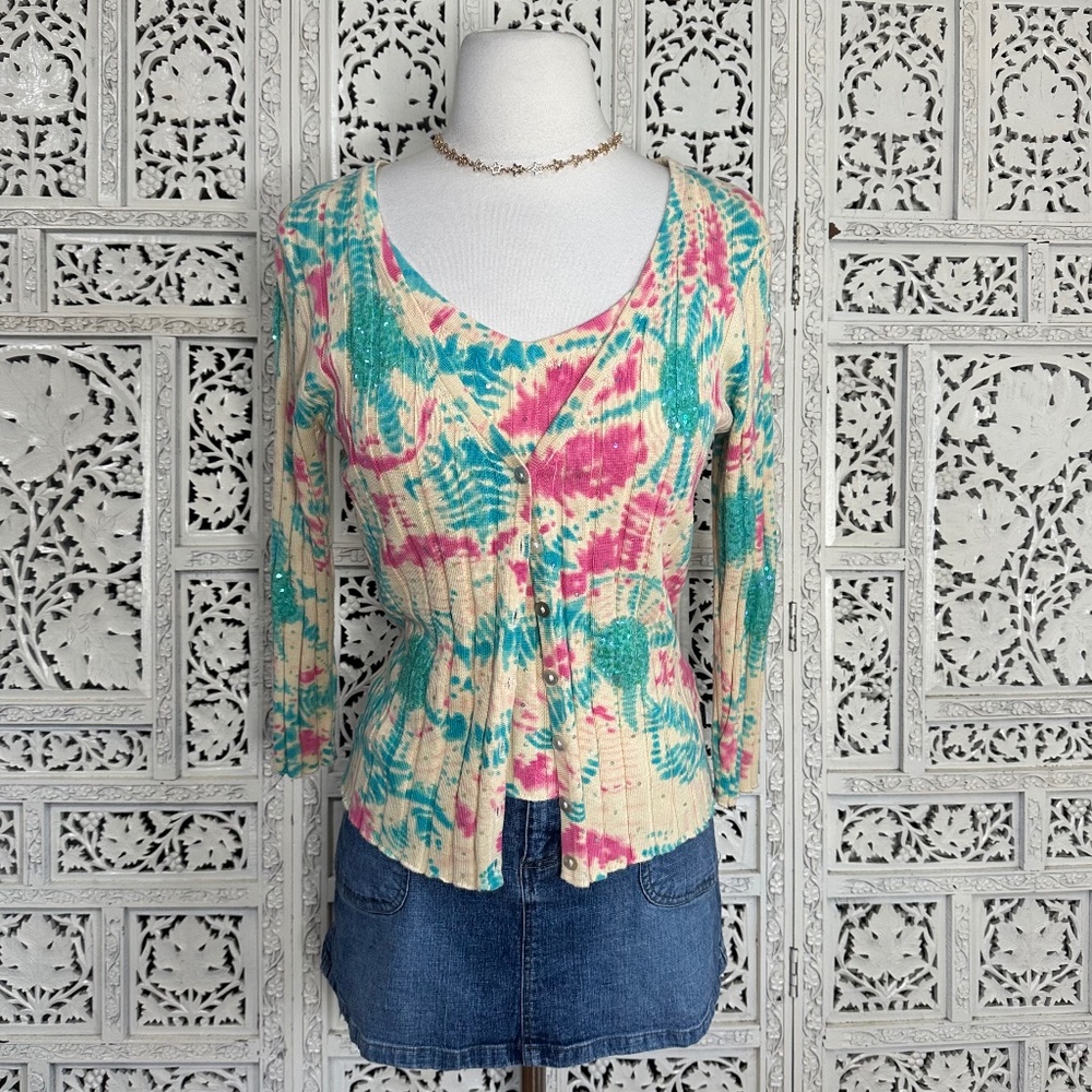 BCBG Maxazria Blue & Pink‎ Sequin Watercolor Fairycore Silk Blend Cardigan Set